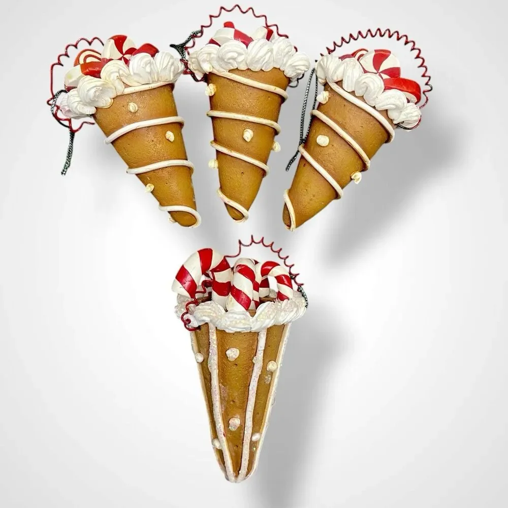 4 Vintage Christmas Ornaments Lot Ice Cream Cone Candy Cane Peppermint Swirl
